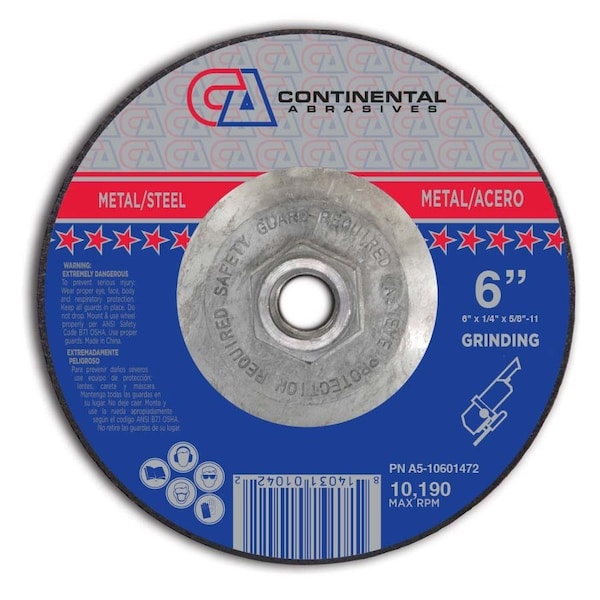 Continental Abrasives 6" x 1/4" x 5/8-11" Signature T27 Depressed Center Grinding Wheel A5-10601472 - main